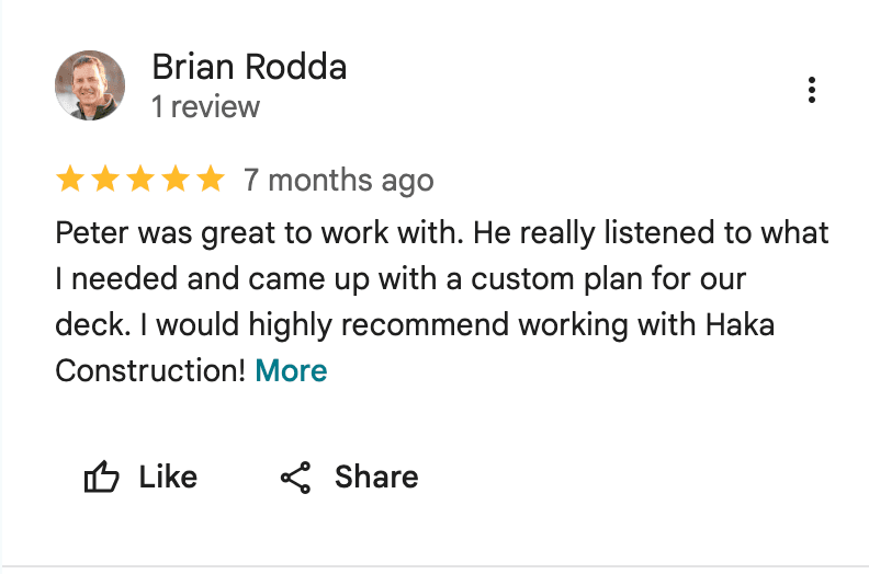 Five-star Google review for Haka Decks from a Colorado homeowner